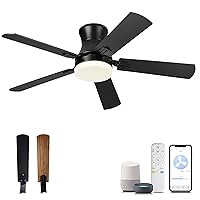YOUKAIN Ceiling Fans with Lights, 52 inch Low Profile Ceiling fan with Remote Control and App Control, Flush Mount, Dimmable, Black Ceiling Fan for Bedroom, Indoor/Outdoor Use, 52-YJ865-BK