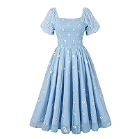 Cute Daisy Embroidery Tulle Prom Dress Women Puffy Sleeve Square Neck Formal Gowns High Waist Midi Homecoming Dress