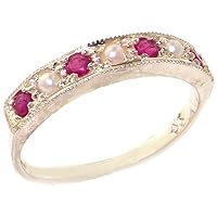18k White Gold Cultured Pearl and Ruby Womens Band Ring - Sizes 4 to 12 Available