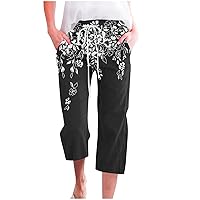 Women's Capri Pants Summer Floral Print Drawstring Waist Beach Pants Casual Loose Fit Straight Leg Pant with Pockets