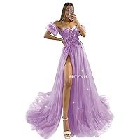 Glitter Tulle Prom Dresses with Sleeves 2024 Off Shoulder Sweetheart 3D Flowers Evening Party Gowns with Slit