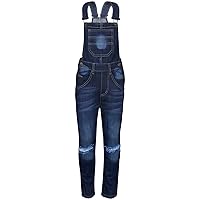 Kids Girls Denim Dungaree Knee Ripped Dark Blue Jeans Overall Fashion Jumpsuits