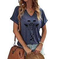 Giraffe Print Women V-Neck Shirts Animal Print Cute T Shirts Short Sleeve Graphic Shirts Loose Casual Tops Tee