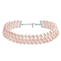 Bling Jewelry Bridal Hand Knotted 3 Row Wide Grey Pink White Simulated Pearl Strand Choker Collar Necklace For Women Teen Prom Wedding