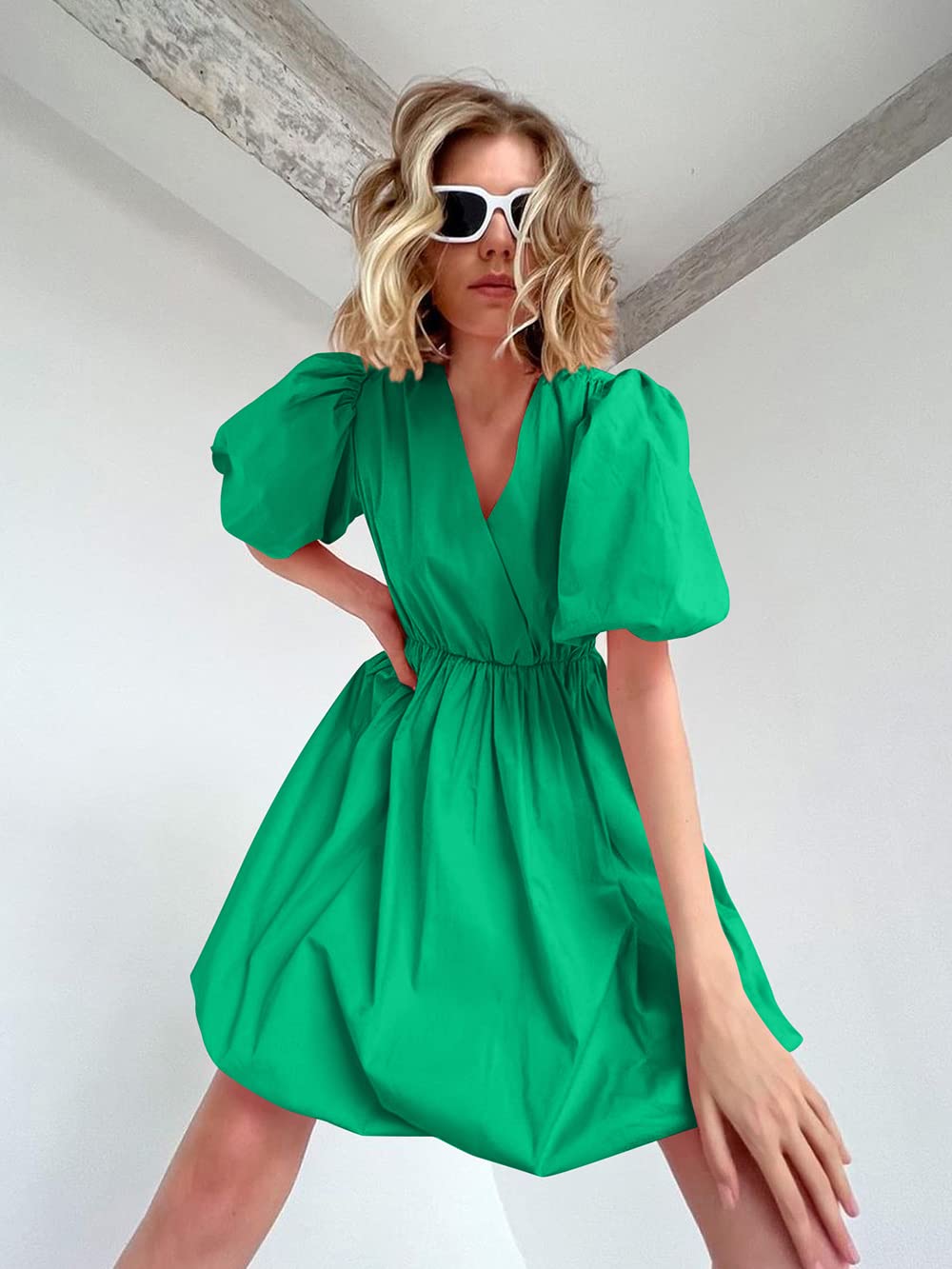 PRETTYGARDEN Women's Short Summer Dresses Casual Puffy Sleeve Wrap V Neck Ruffle Solid Color Flare Dress