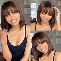 Short Human Hair Wig for Women Straight Remy Hair Bob Wigs With Bangs Dark Brown Highlight Color