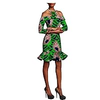African Pencial Slim Dresses with Necklace for Women Casual Dashiki Wear Floral Party Gown Ankara Wax Print Clothing