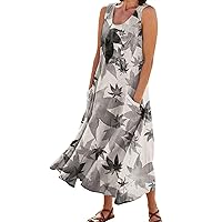 Linen Dress,Casual Summer Maxi Dress for Women U Neck Flowy Party Dress Sleeveless Printed Long Pocketed Dress