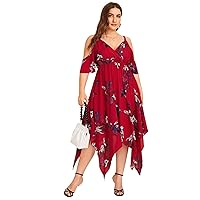 Womens Plus Size Dresses Summer Cold Shoulder Floral Print Asymmetrical Hem Long A-Line Dress (Color : Burgundy, Size : 3X-Large)