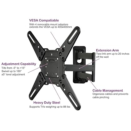 VideoSecu ML531BE2 TV Wall Mount kit with Free Magnetic Stud Finder and HDMI Cable for Most 26-55 TV and New LED UHD TV up to 60 inch 400x400 Full Motion with 20 inch Articulating Arm WT8