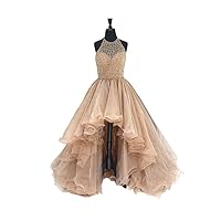 Halter Organza A line Prom Evening Formal Dresses with Bling Beaded Short Front Long Back
