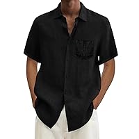 Casual Solid Pocketed Linen Cuban Shirts for Men Cotton Loose Fit Short Sleeve Button Down Summer Beach Guayabera Tops