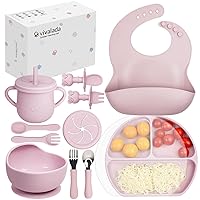 Silicone Baby Feeding Set, 12PCS Baby Led Weaning Supplies, Baby Suction Plate with Lid and Bowl Set, Baby Self Feeding Spoons Forks Sippy Cup and Bib, Baby Eating Set 6+ Months (Pink)