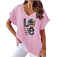 Love Sunflower T-Shirt for Women American Flag Shirts Summer Cotton Linen Tops Short Sleeve V Neck Loose Fit Blouse