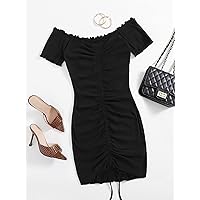 Dresses for Women Dress Women's Dress Off Shoulder Lettuce Trim Drawstring Ruched Front Dress Dress (Color : Black, Size : Large)