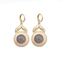 Round Shape Clip-On Dangle Earrings Grey Chalcedony Gold Plated Gemstone Handmade Earrings Jewelry