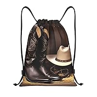Cowboy Black Hat Western Boots Print Drawstring Backpack Waterproof Drawstring Bags Fashion Beach Bag For Men Women Medium