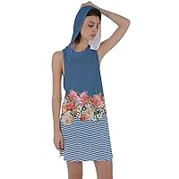 CowCow Womens V-Neck Sleeveless Loose Fit Overalls Peony Floral Zigzag Racer Back with Hoodie Dress, XS-5XL