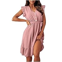 Women's V-Neck Trendy Glamorous Casual Loose-Fitting Summer Short Sleeve Knee Length Flowy Beach Print Dress Swing