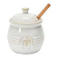 Farmhouse Embossed Stoneware Honey Pot with Wood Honey Dipper, White