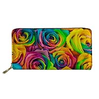 Rainbow Rose Floral Wallets for Women Girls RFID Blocking Colorful Clutch Purse for Outdoor Travel Handbag Zip Around Wallet Gifts