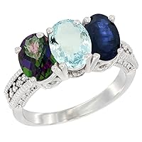 10K White Gold Natural Mystic Topaz, Aquamarine & Blue Sapphire Ring 3-Stone Oval 7x5 mm Diamond Accent, Sizes 5-10
