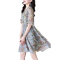 Women's Spring Real Silk Dress,Beautiful Korean Style Printed Elegant Dress