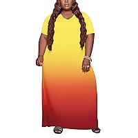 Fooullaide Women Casual Plus Size Dress Summer Short Sleeve V Neck T Shirt Loose Oversize Flowy Long Dresses with Pocket