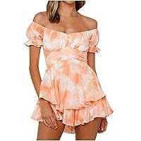 Women Boho Summer Romper Floral Off Shoulder Rompers Shorts Elegant Outfit Double Layer Ruffle Mini Dress Jumpsuits