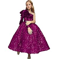 One Shoulder Kids Girls Pageant Sequined Dresses Party Birthday Long Sleeve Princess Dress
