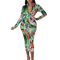 Women's Sexy Bodycon Midi Dress Long Sleeve Zipper Stretchy Printed Party Dresses