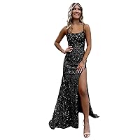 Spaghetti Straps Black Prom Dresses 2024 Sparkly Mermaid Corset Evening Gowns for Women with Slit Size 0