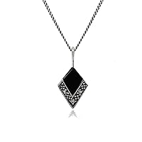 0.50ct Black Onyx & Marcasite 925 Sterling Silver Art Deco 45cm Necklace