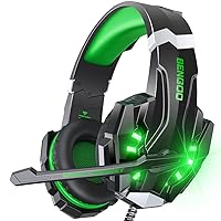 BENGOO G9000 Stereo Gaming Headset for PS4 PC Xbox One PS5 Controller, Noise Cancelling Over Ear Headphones with Mic, LED Light, Bass Surround, Soft Memory Earmuffs for Laptop Mac - Green