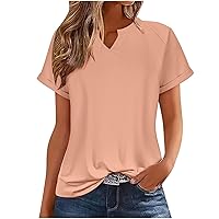 Womens Summer Tops Cap Short Sleeve Shirts Summer Casual Notch V Neck Blouse Solid Color Loose Fit Raglan T-Shirt