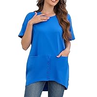 Lenago Womens Tunic Tops, 2024 Summer Casual Solid Long Shirts with Pockets, Trendy Round Neck Short Sleeve Loose Fit