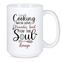 Cooking With Love Provides Food For The Soul Coffee Mug - Customized Future Chef Gift With Name - Master Chef Pottery Cup - Cooking Lover Present - Custom Cooking Cup - White Tea Mug 11oz Or 15oz