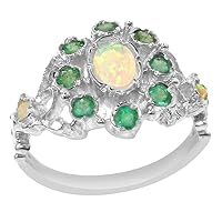 14k White Gold Real Genuine Opal and Emerald Womens Band Ring