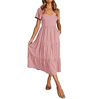 KIRUNDO Womens Summer Dresses 2024 Casual Short Sleeve Button V Neck Tiered A Line Flowy Beach Midi Dress with Pockets