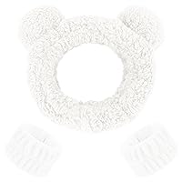 WHAVEL 3PCS Spa Headband and Wristband Set, Cute Bear Ears Headband for Washing Face Makeup Headband Facial Headband Wrist Bands for Washing Face (White)