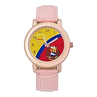 Venezuela Flag Womens Watch Round Printed Dial Pink Leather Band Fashion Wrist Watches