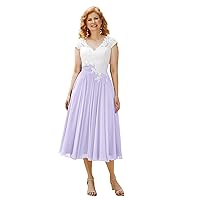 Lace Applique Mother of The Bride Dresses Calf Length Cap Sleeves Chiffon Wedding Guest Dress