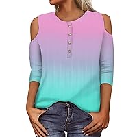 Womens Tops 3/4 Sleeve Round Neck Off Shoulder Sleeve Shirts Casual Loose Floral Printed Trendy Workout Blouses