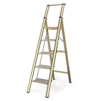5 Step Ladder, Lightweight Portable Folding Step Stool with Anti-Slip Sturdy and Wide Pedal, 330lb Capacity, Perfect Multi-Use Aluminum Stepladder for Home Kitchen Office, Gold
