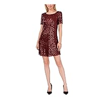 Vince Camuto Womens Burgundy Sequined Short Sleeve Round Neck Above The Knee Party Shift Dress S