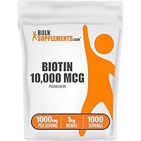 BULKSUPPLEMENTS.COM Biotin 10000mcg Powder - Biotin Powder, Biotin Supplement, Biotin Vitamins for Hair Skin and Nails - Gluten Free, 1000mg per Serving (10mg Biotin), 1kg (2.2 lbs)