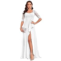 Lace Mother of The Bride Dress Half Sleeve Chiffon Formal Mother of The Groom Dresses with Ruffle Slit