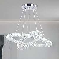 LED Modern Crystal Chandelier 19.7 x 11.8 inches Ceiling Pendant Light 2 Rings Adjustable Stainless Steel Lighting Fixtures Dining Room Living Room (White)