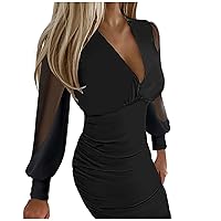 Dresses for Women 2024 Casual Midi A Line,V Neck Solid Color Hip Hugging Long Sleeved Mid Length Shirt Dress Fo