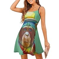 Portrait of A Hipster-Chimpanzee Spaghetti Strap Mini Dress Sleeveless Adjustable Beach Dresses Backless Sundress for Women